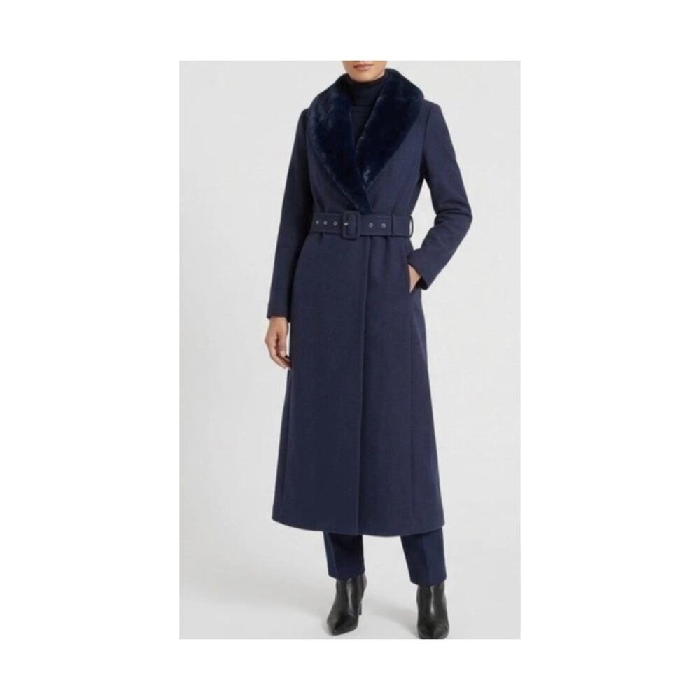 Naked Wardrobe NWT Blue Faux Fur Collar Belted Longline Coat S The Statement